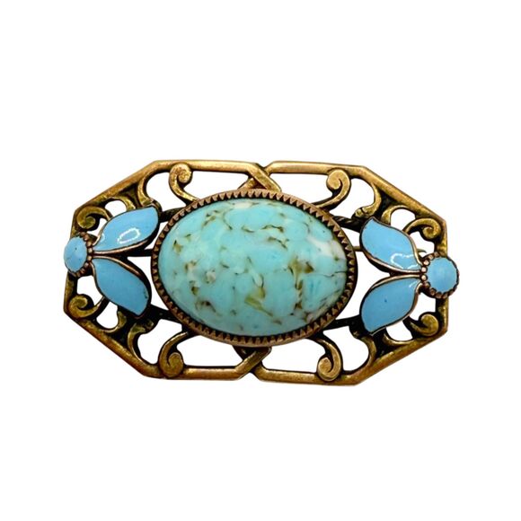 Source Unknown Jewelry - Turquoise brass brooch vintage source unknown